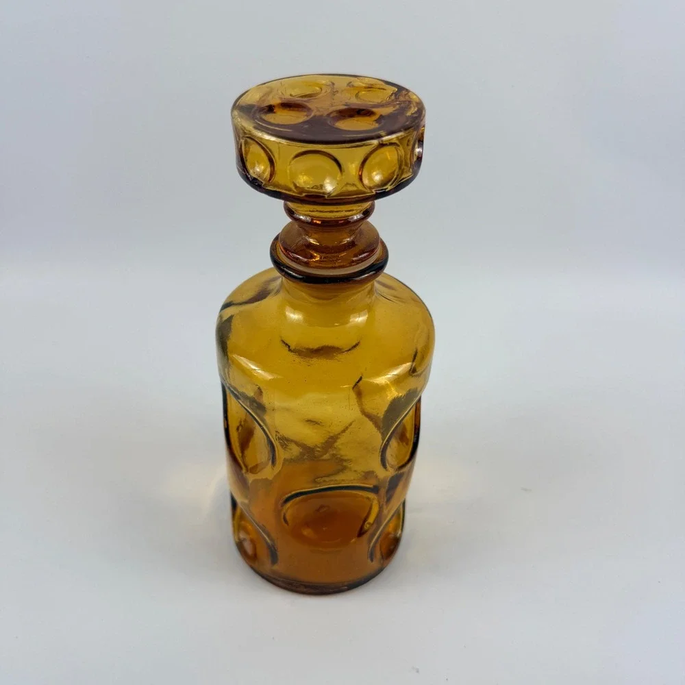 Vintage Empoli Amber Embossed Circle Glass Decanter Original Stopper Italy